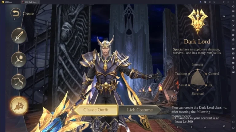 Official character creation and class selection screen in MU Dark Epoch