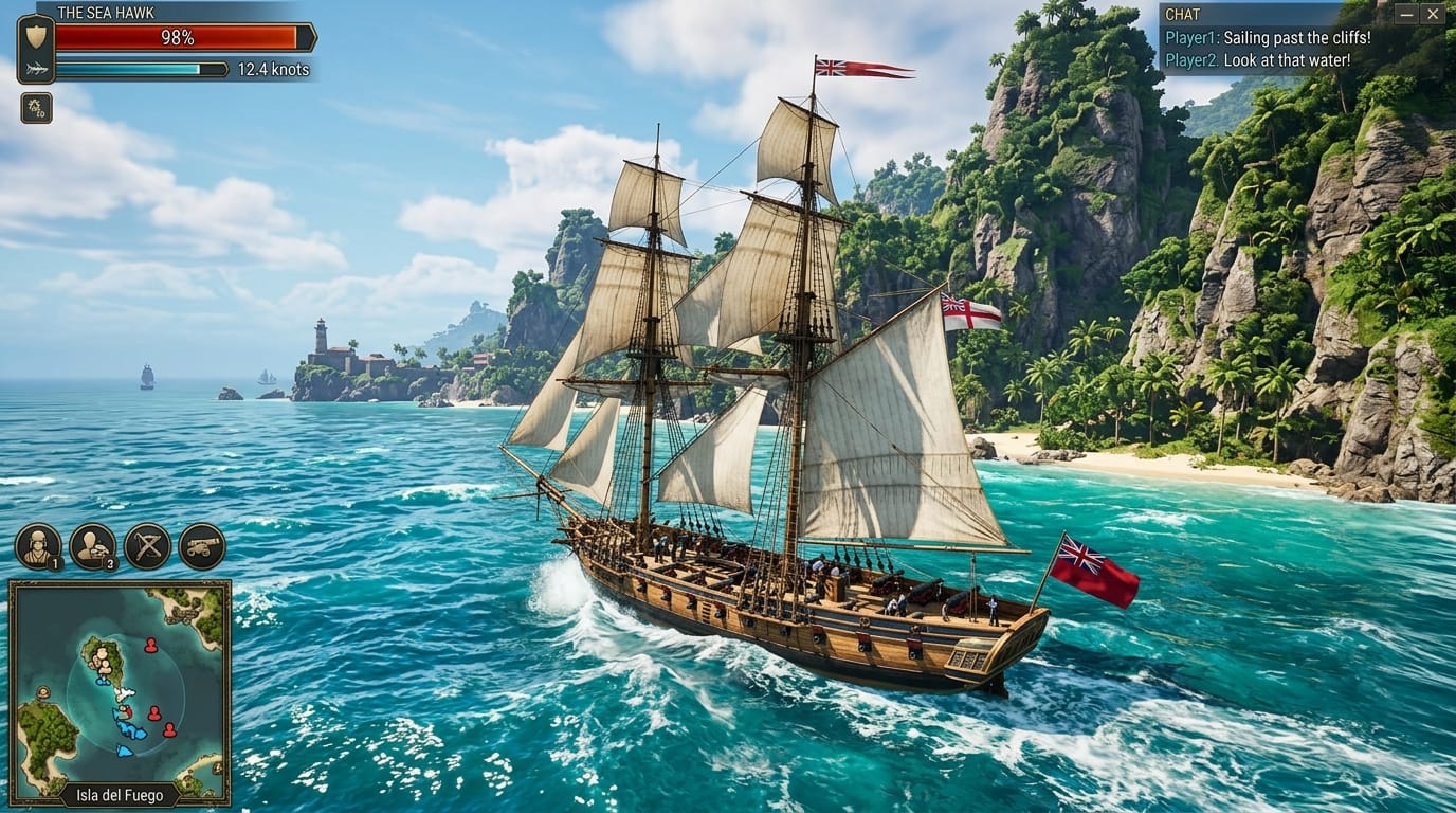 World of Sea Battle ship guide: the best ships for PvP, trading, and port battles 2 Light corvette warship sailing past island cliffs in World of Sea Battle