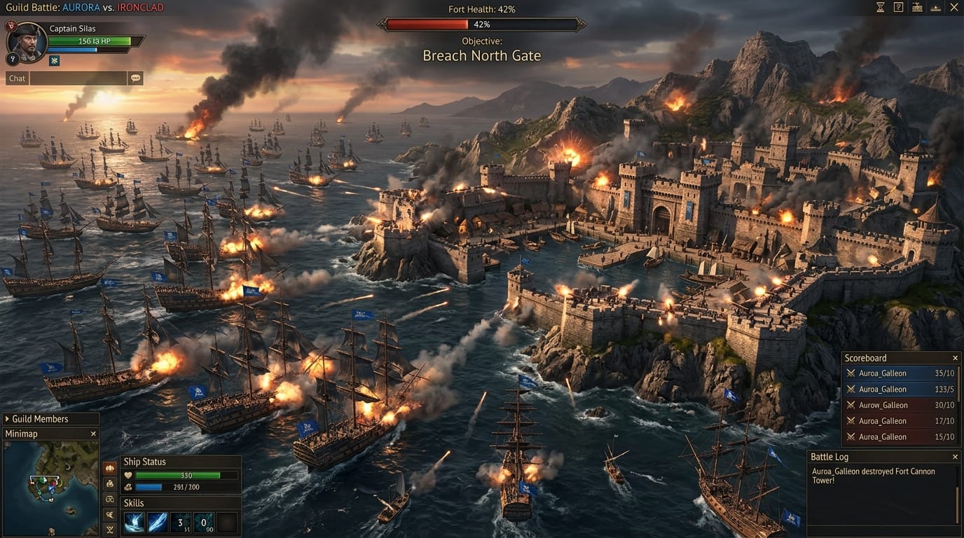 Armada of galleons attacking a stone island fortress in World of Sea Battle guild port battle