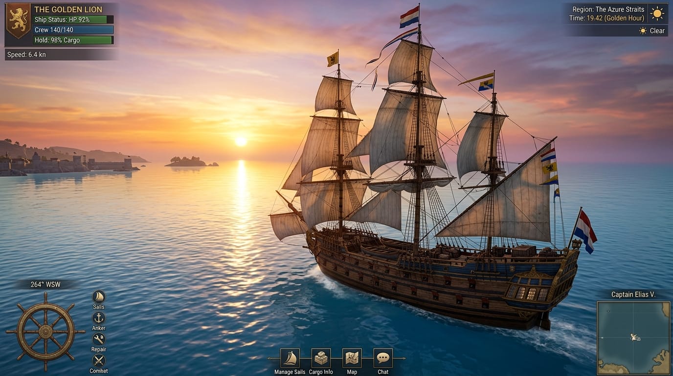 World of Sea Battle ship guide: the best ships for PvP, trading, and port battles 5 Large merchant galleon sailing with trade cargo at sunset in World of Sea Battle