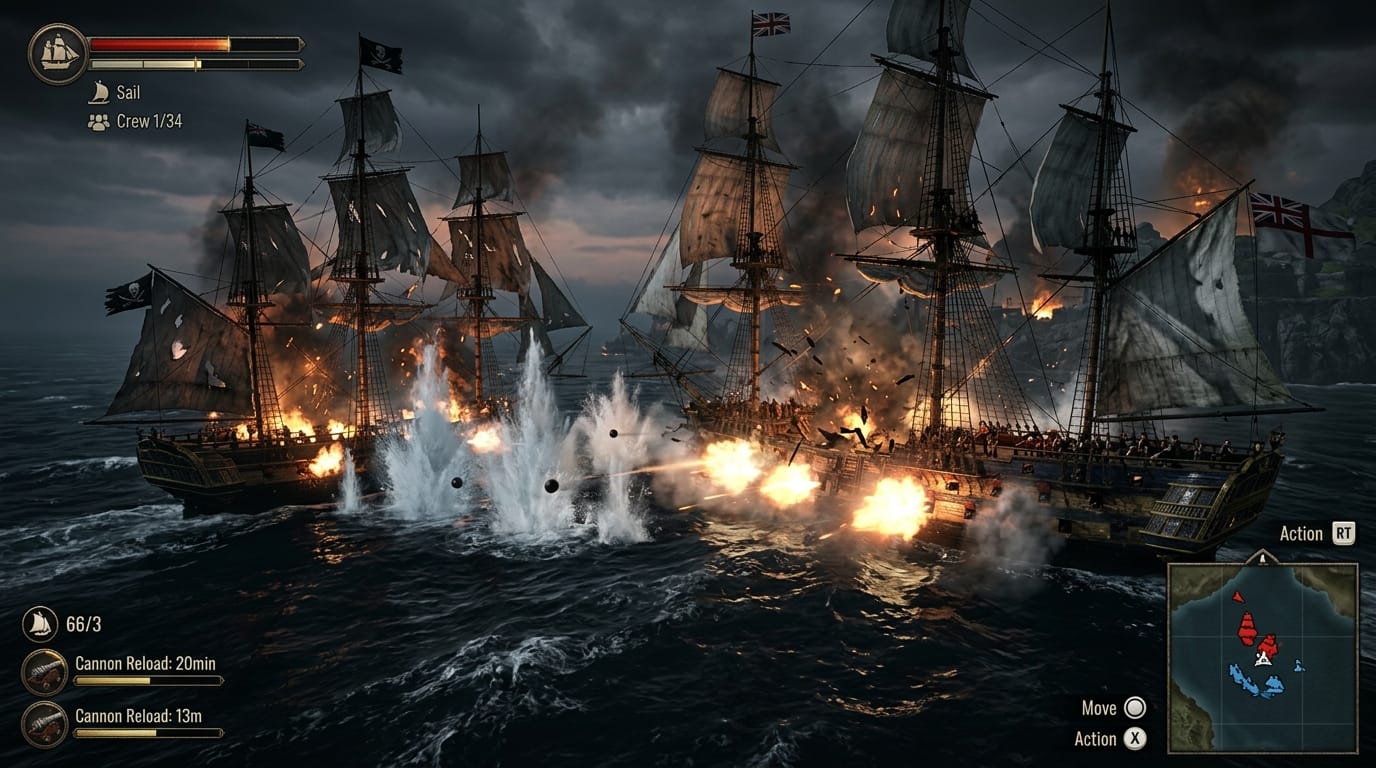 Naval battle at dusk with broadside cannon fire in World of Sea Battle open world