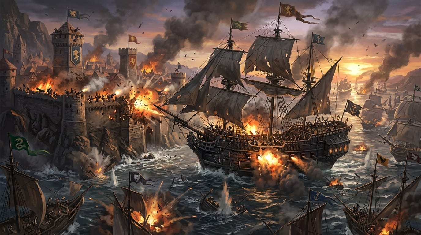 World of Sea Battle ship guide: the best ships for PvP, trading, and port battles 4 Heavy war galleon attacking island stone fortress in World of Sea Battle port battle