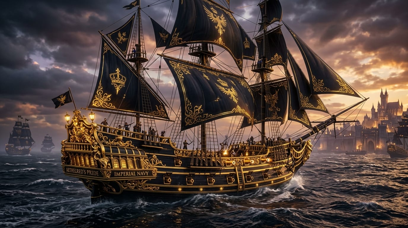 World of Sea Battle ship guide: the best ships for PvP, trading, and port battles 6 Premium imperial frigate with golden trim in World of Sea Battle showcase