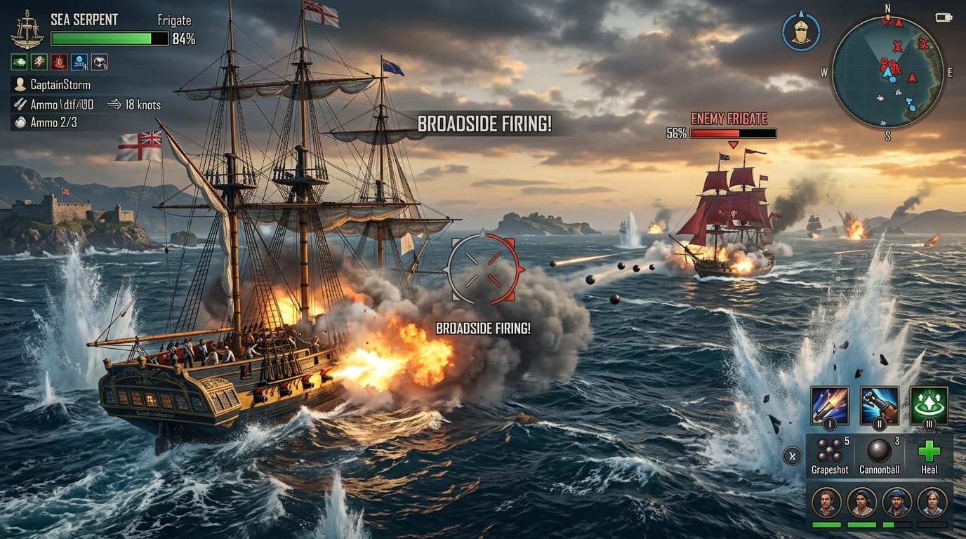 World of Sea Battle ship guide: the best ships for PvP, trading, and port battles 3 Medium frigate firing broadside cannon salvo in open world PvP battle in World of Sea Battle