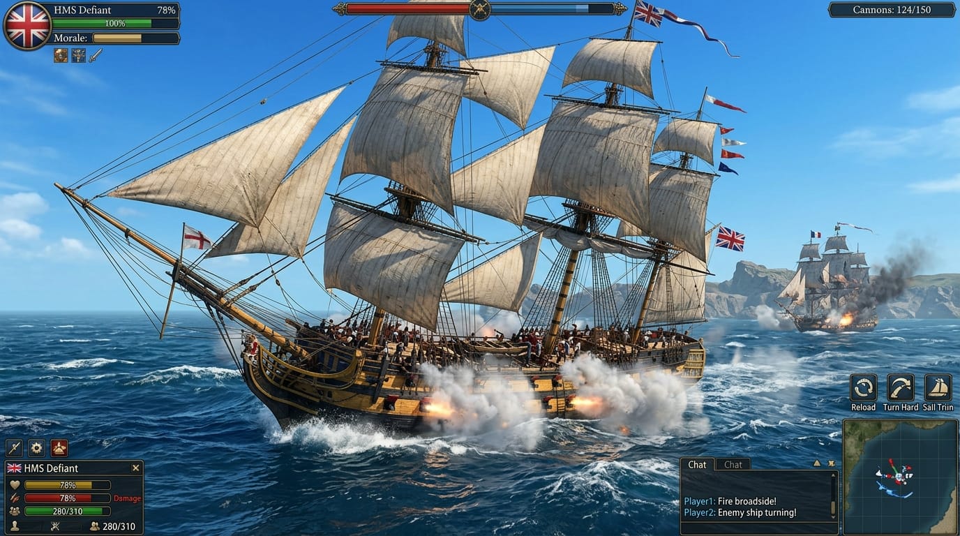 Wooden frigate leaning into full sail catching wind in World of Sea Battle