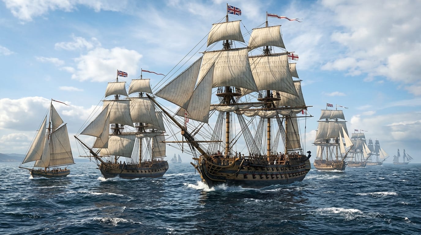 Fleet of ships representing sloop, corvette, and frigate progression in World of Sea Battle