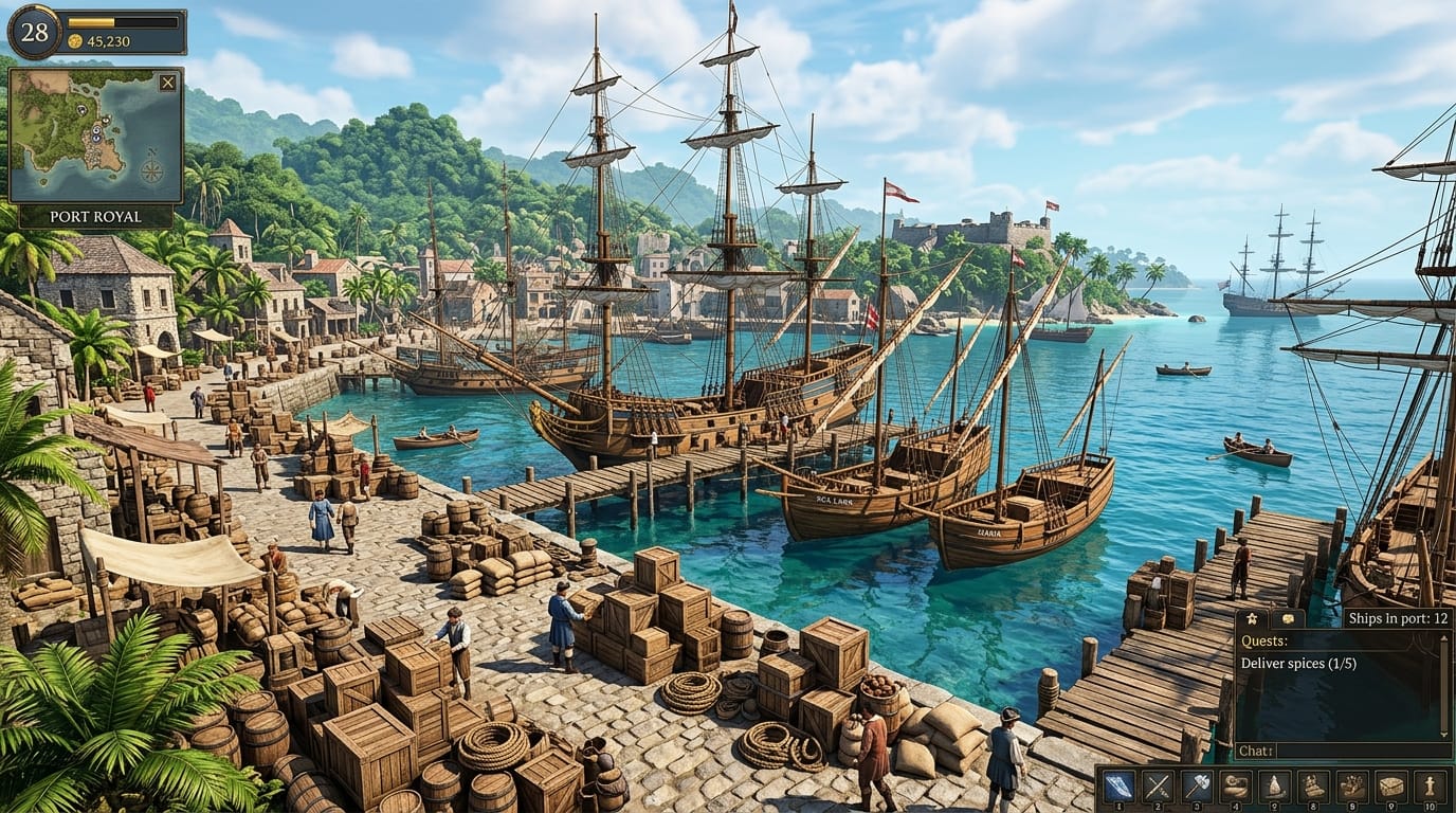 Colonial trade port harbor with merchant ships in World of Sea Battle