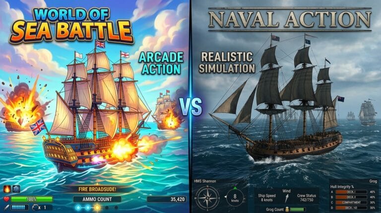 World of Sea Battle vs Naval Action in 2026: which game is actually worth your time? 14 Side by side comparison banner of warships in World of Sea Battle vs Naval Action