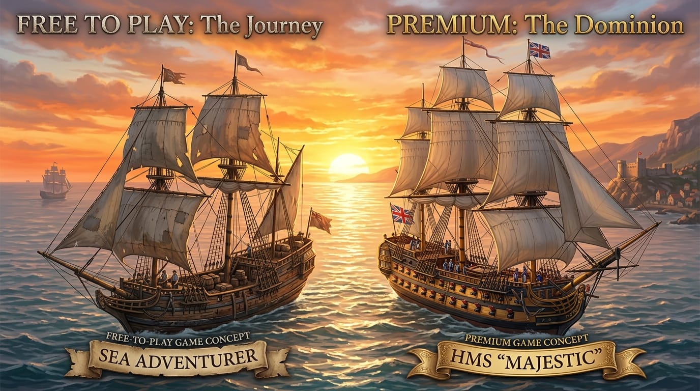 World of Sea Battle vs Naval Action in 2026: which game is actually worth your time? 4 Merchant sailing ship next to warship representing free to play vs premium gaming