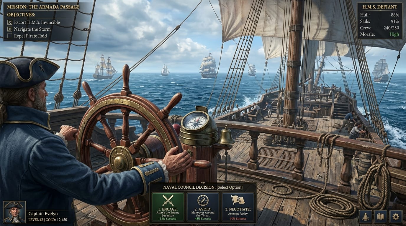 World of Sea Battle vs Naval Action in 2026: which game is actually worth your time? 6 Captains wheel on wooden ship deck overlooking open sea in naval game comparison