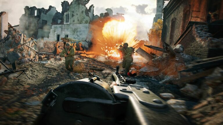 Official Steam screenshot showing WW2 squad combat and infantry assault in Enlisted Windows PC review