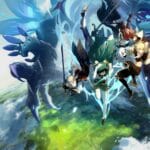 Official Genshin Impact key art showing the Traveler overlooking the vast open world of Teyvat
