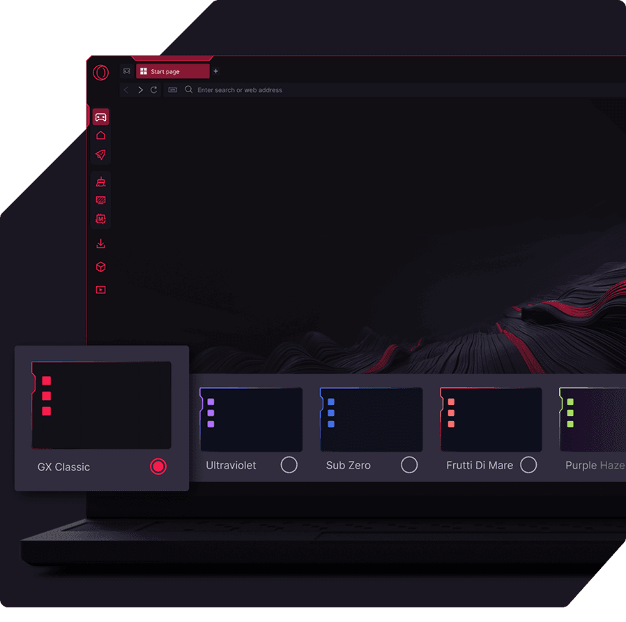 Real official screenshot of Opera GX custom RGB color themes and Razer Chroma Aura Sync integration