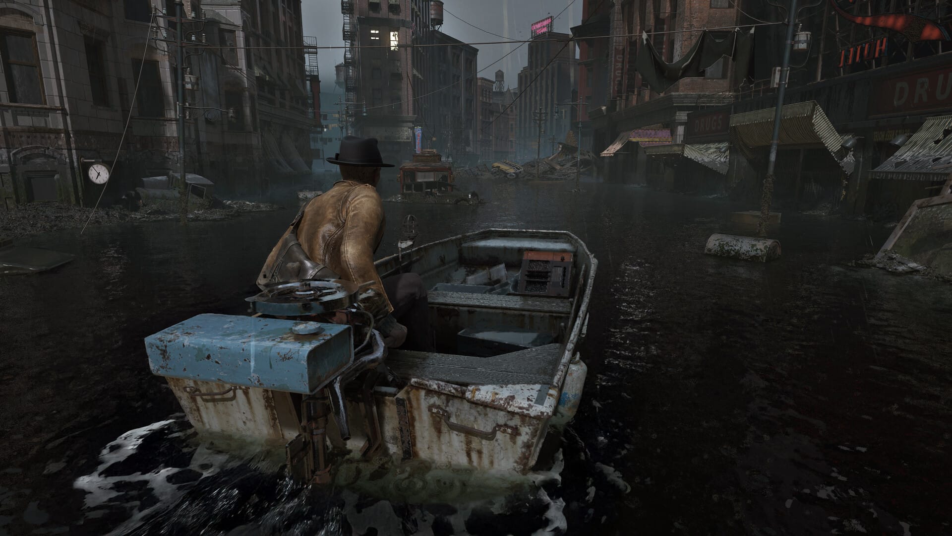 Official gameplay screenshot of the flooded Arkham Fish Market district in The Sinking City 2
