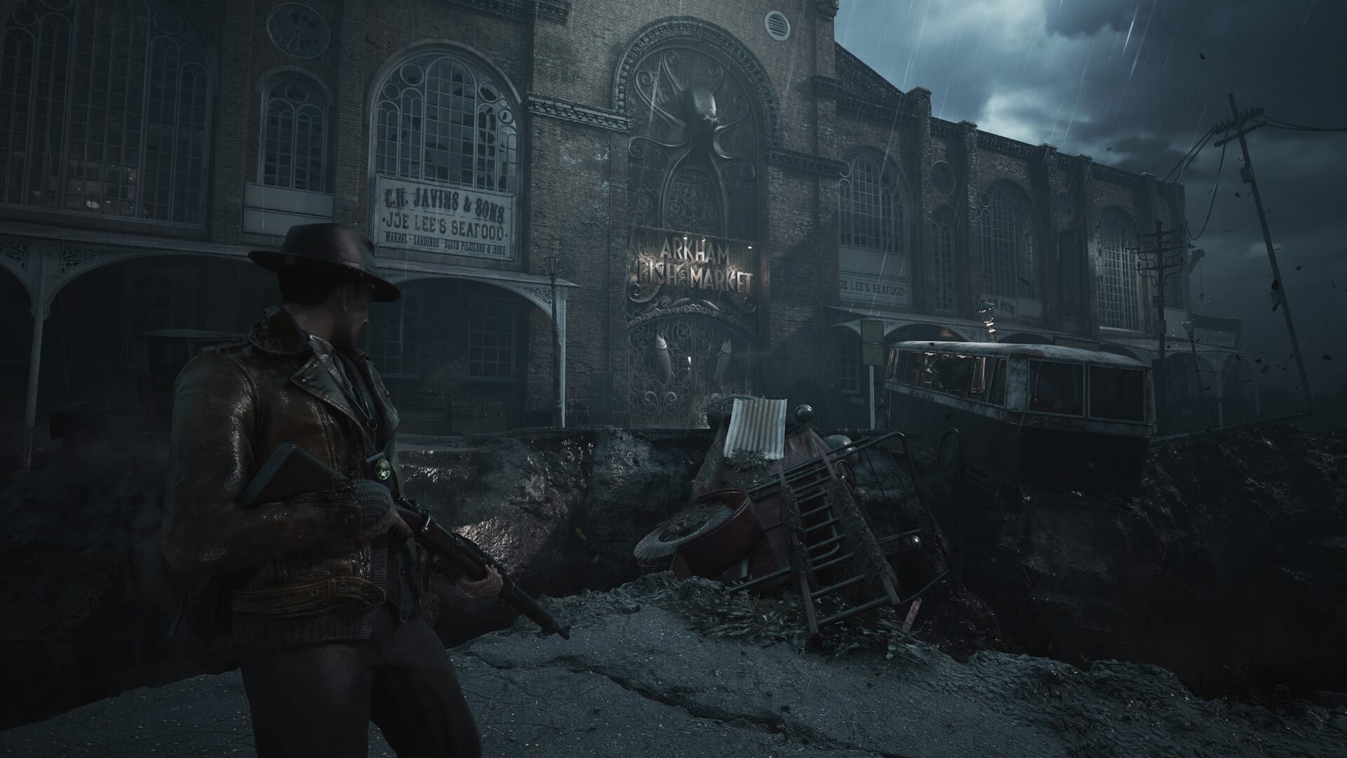 Official gameplay screenshot of Calvin Rafferty in combat in The Sinking City 2