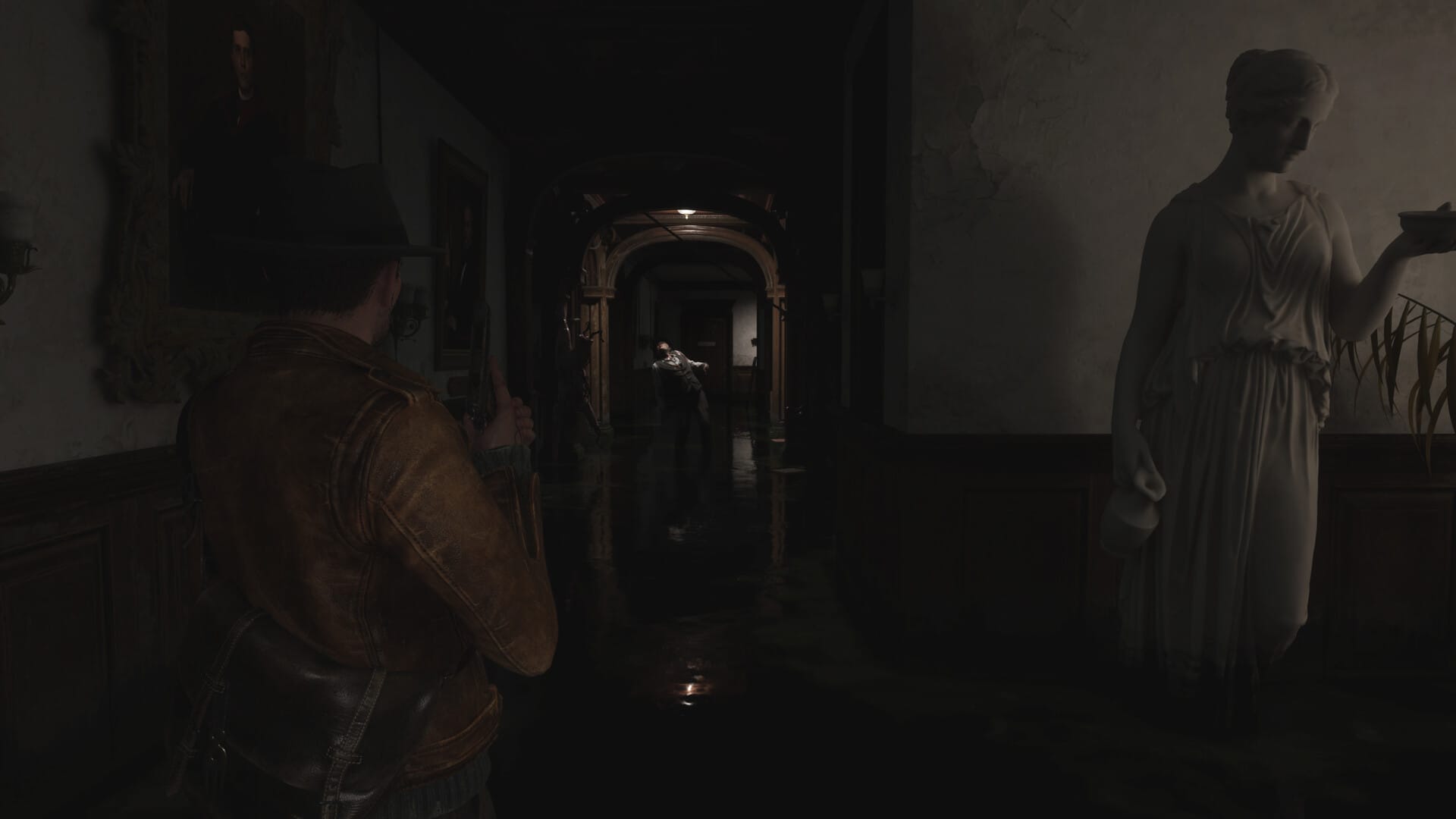 Official gameplay screenshot demonstrating atmospheric rain and lighting effects in The Sinking City 2