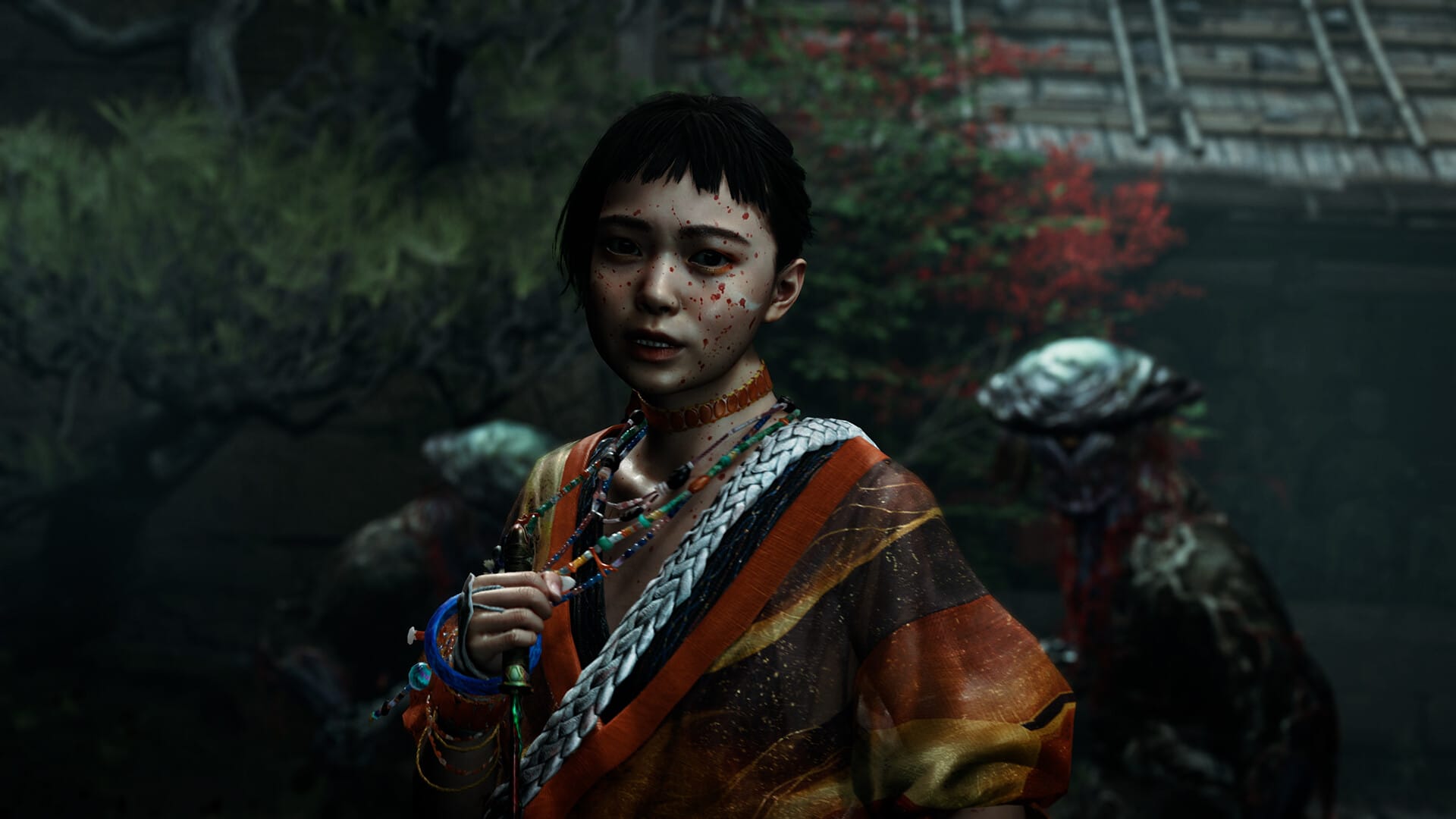 Musashi facing a multi-phase Genma boss in a dark Kyoto temple arena in Onimusha Way of the Sword