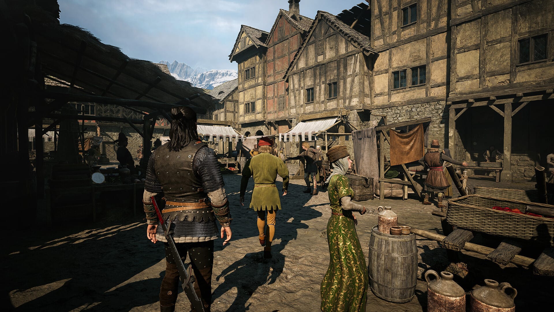 In-game screenshot showing 14th-century medieval open world exploration in The Blood of Dawnwalker PC