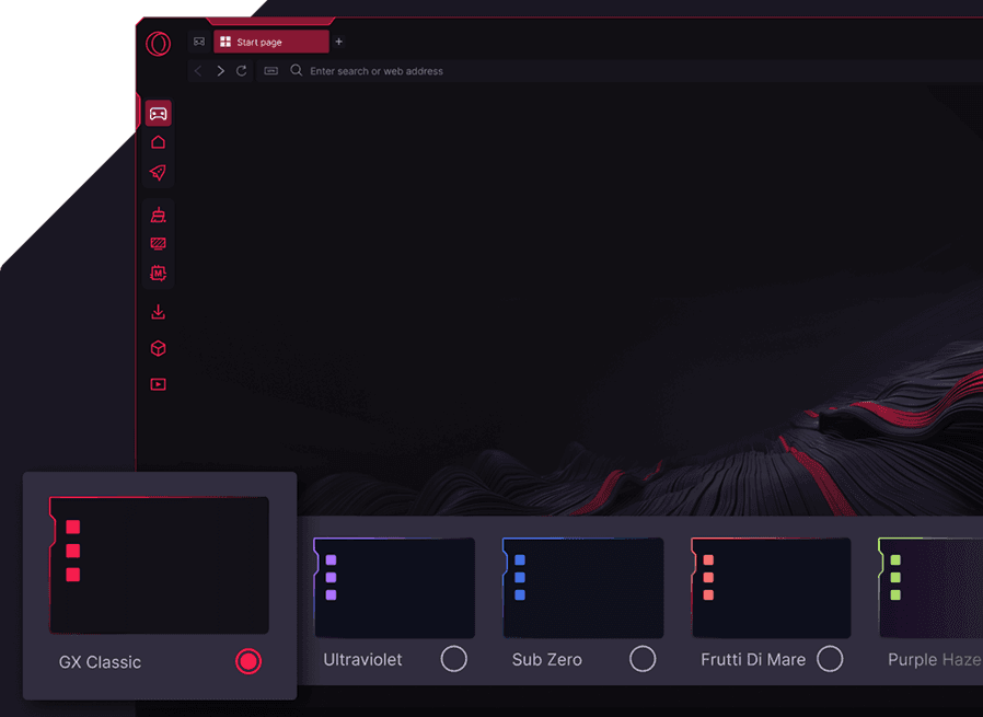 Real Opera GX RGB Themes and Lighting Screenshot Real official screenshot of Opera GX custom RGB color themes and Razer Chroma Aura Sync integration